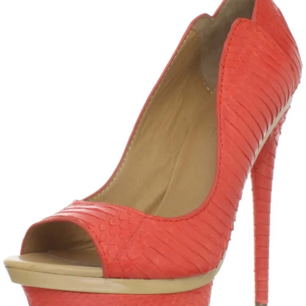 7 1/2 L.A.M.B. Ilane Coral Snakeskin Leather Peep Toe Platform Pumps